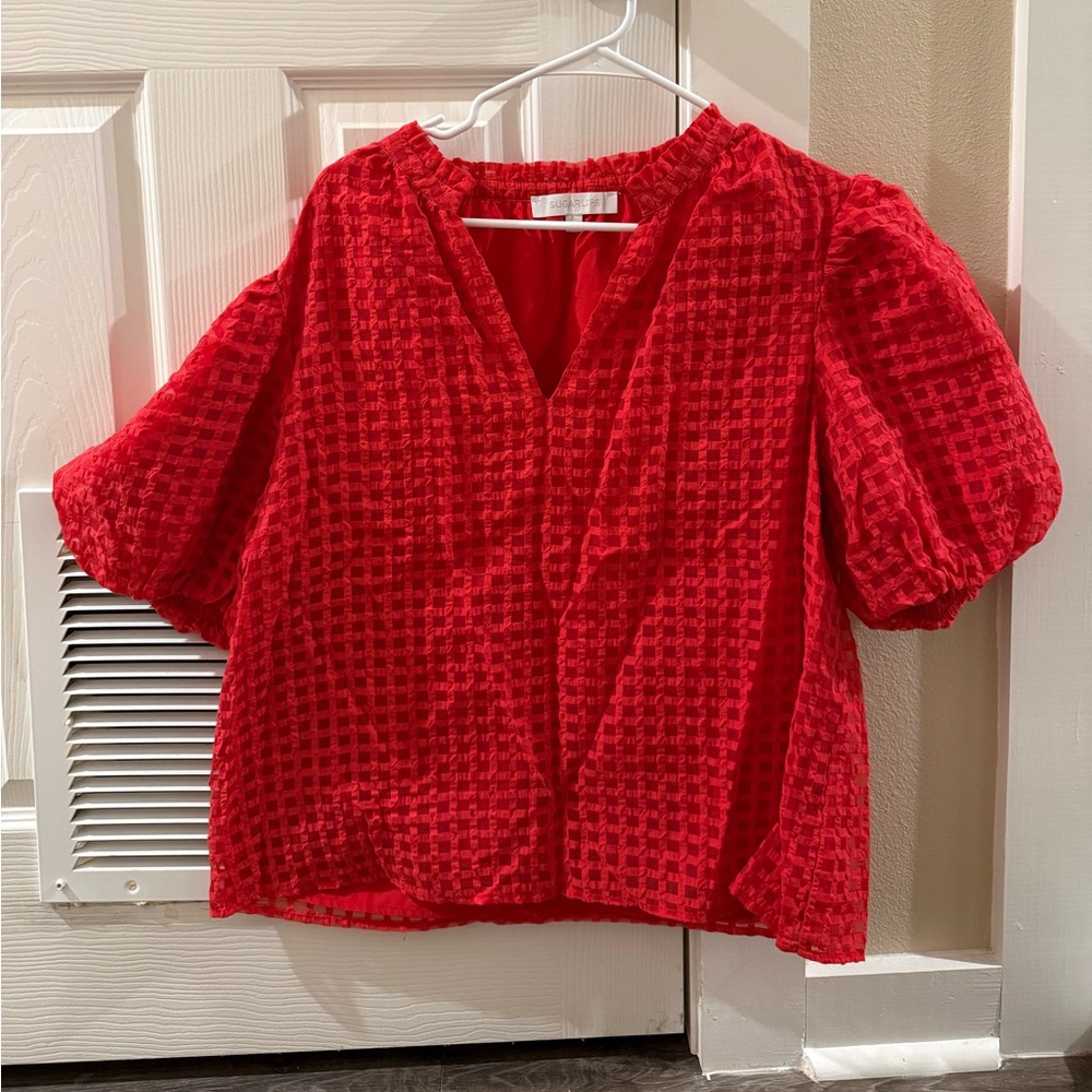 Sugarlips Gretna Organza Check Ruffle Blouse in Red - Size XL